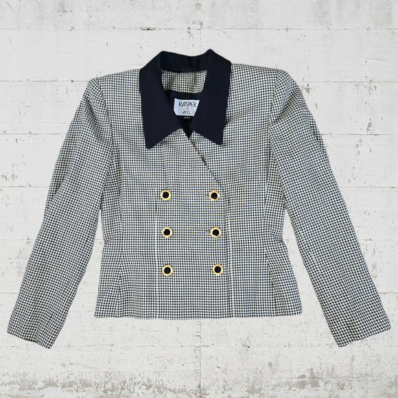 90s Vintage Black White Check Plaid Double Breasted Kasper Blazer Jacket Size 4 - Picture 1 of 8
